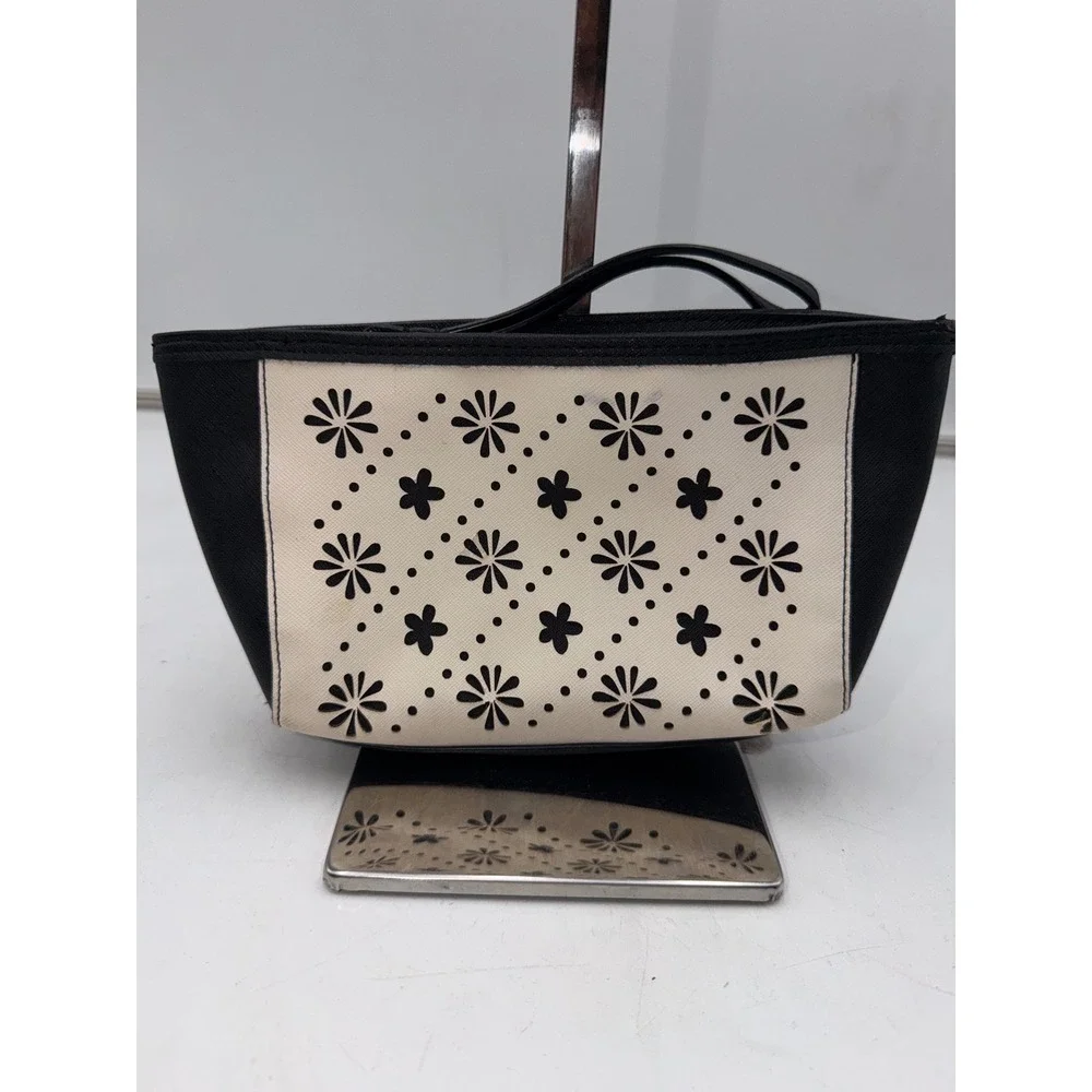 Vera Bradley Wristlet Pouch Laser Cut Floral Black White Saffiano Faux Leather